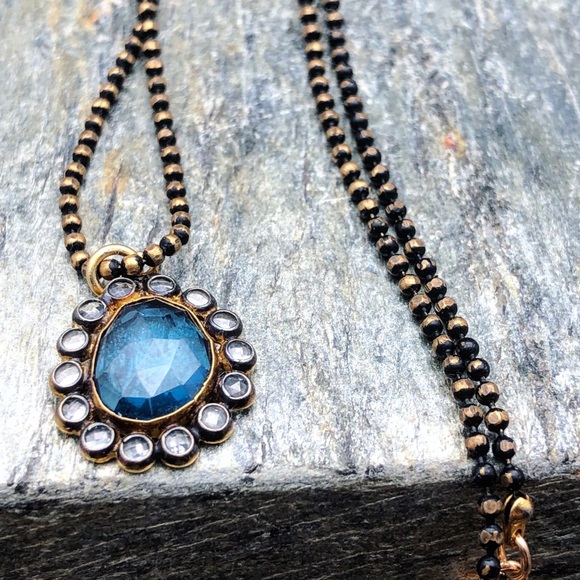 Blue Spinal & white sapphire black gold necklace